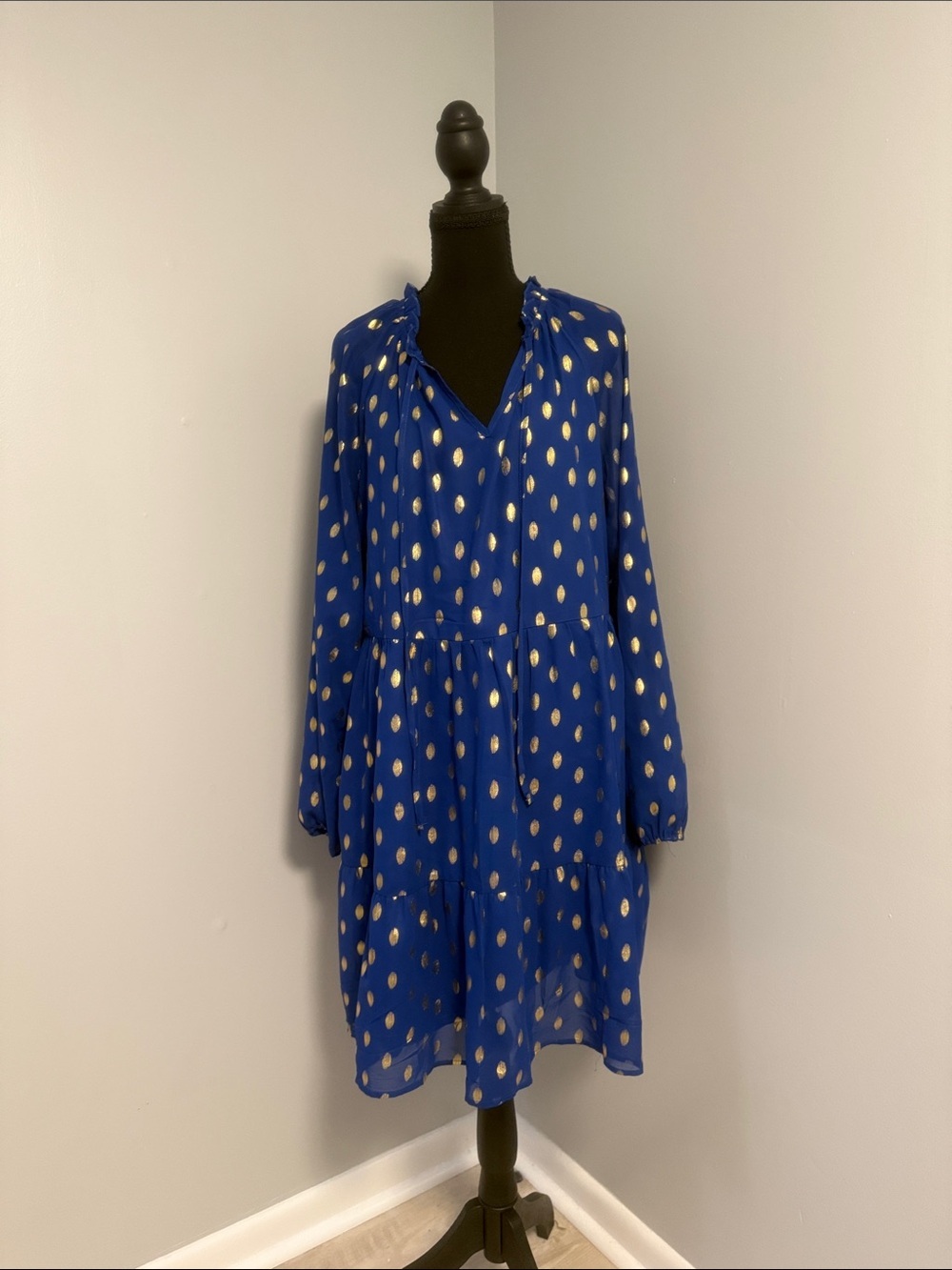 Royal Blue Metallic Polka Dot V-Neck Dress